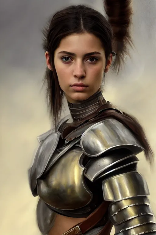 Prompt: a sharply detailed, photorealistically painted portrait of an attractive young female, partially clothed in battle armor, with an abstractly painted background, flawless olive skin, fair complexion, long dark hair, beautiful bone structure, perfectly symmetric facial features, perfect photorealistic eyes, natural physique, intricate, elegant, digital painting, concept art, finely detailed, beautifully illustrated, sharp focus, minimal artifacts, volumetric lighting, from Metal Gear, by Ruan Jia and Mandy Jurgens and Artgerm and William-Adolphe Bouguerea, in the style of Greg Rutkowski, trending on Artstation, award winning art