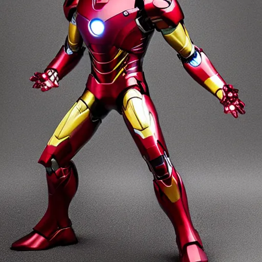 Image similar to close up of Iron man figurine in a dynamic pose on a wooden table, high detail, complex