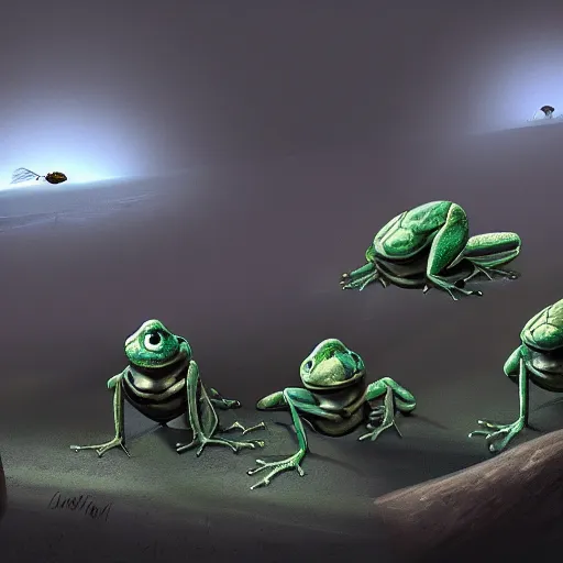 Prompt: the council of armored frogs betrays a fly, wide scene, foreboding, professional digital painting, 4k