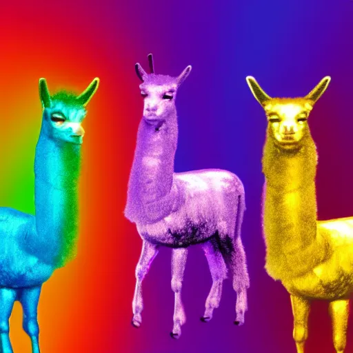 Image similar to 3 rainbow llamas standing around a crt monitor, render,