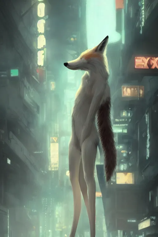 Prompt: beautiful portrait of a tall female anthro fox smoking a cigarette white standing head and shoulders taller than the bustling crowd of a rainy city street, cyberpunk, harsh neon lights, highly detailed, sharp focus, digital painting, illustration, trending on artstation, art by sakimichan, wlop, greg rutkowski