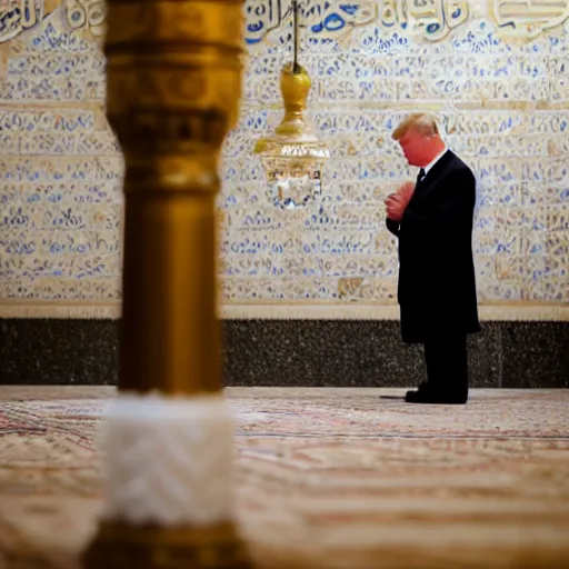 Image similar to Trump praying in mosque, award winning cinematic photography, 50 mm, blurred background, perfect faces