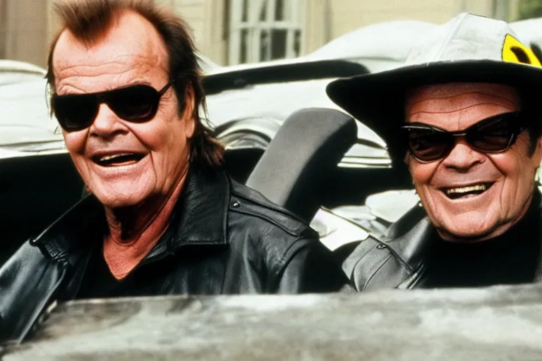 Image similar to Jack Nicholson plays Pikachu Terminator, wearing leather jacket, getting from the car