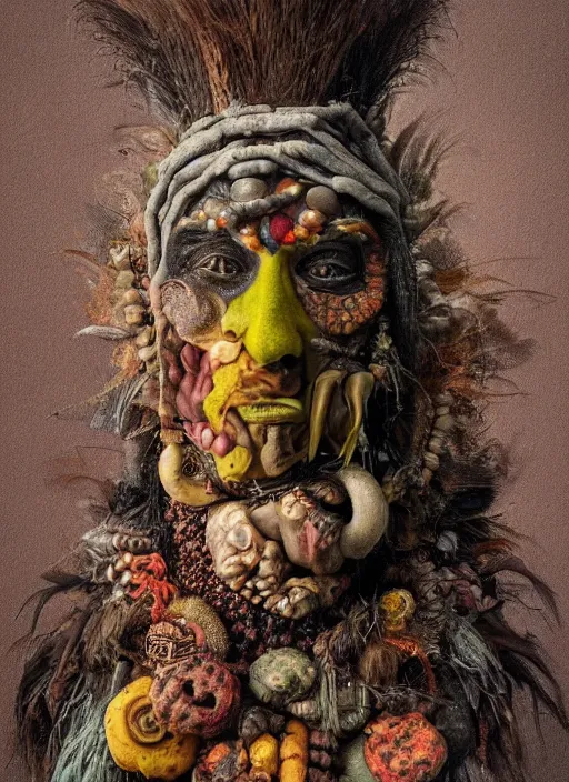 Prompt: a surrealist painting of a strange shaman's face, 3 d render, in the style of giuseppe arcimboldo, symbolist, soft colors, dramatic lighting, smooth!, sharp focus, extremely detailed!, aesthetically pleasing composition, octane render
