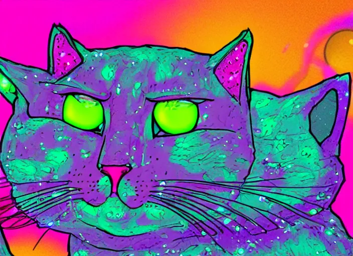 Prompt: coloring book drawing of a cat from a musical sparkly digital space opera, animated film, volumetric lighting, octane render