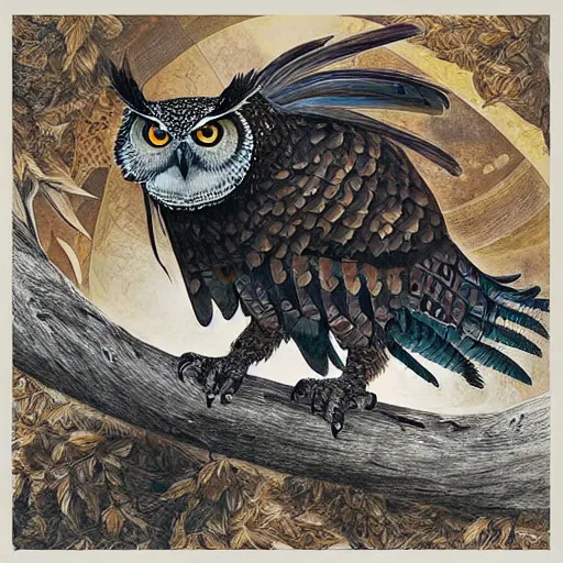 Prompt: a eagle owl painting by Android Jones and M. C. Escher collaboration