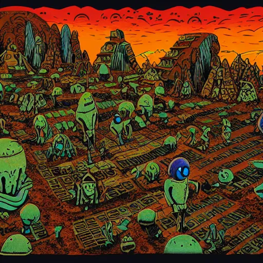 Image similar to extraterrestrial tribe village on ancient post - apocalyptic planet, jim henson creature shop, fantastic planet, robert crumb, graphic, depth of color and shadow, gooey, textured, vivid, cinematic, rough paper, illustration