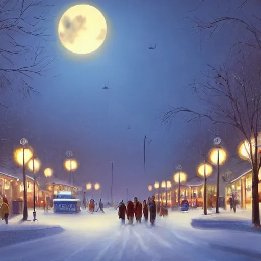 Prompt: winter town centre inspired by Evgeny Lushpin, Peter Zumthor,bus,people walking winter sunset,full moon,p