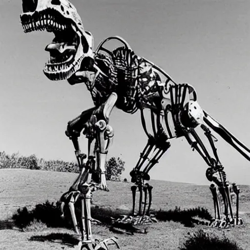 Prompt: Robot skeleton riding a giant robot dinosaur, historical photo