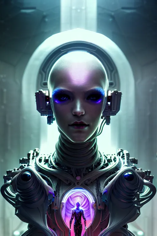 Prompt: ultra detailed female android deity, cyborg humanoid, gothic, ethereal, flowerpunk, scifi, fantasy, cyberpunk, octane render, megalopolis, unreal engine, asymmetrical!!! intricate concept art, triadic color, art by artgerm and wlop and giger and greg rutkowski and alphonse mucha, 8 k