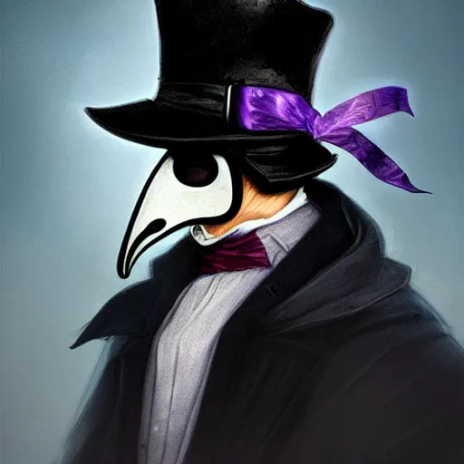 Image similar to mediaeval plague doctor wearing a top hat with a purple ribbon, intricate, epic, highly detailed, digital painting, artstation, concept art, smooth, sharp focus, illustration, unreal engine 5, 8 k, art by artgerm and greg rutkowski and alphonse mucha
