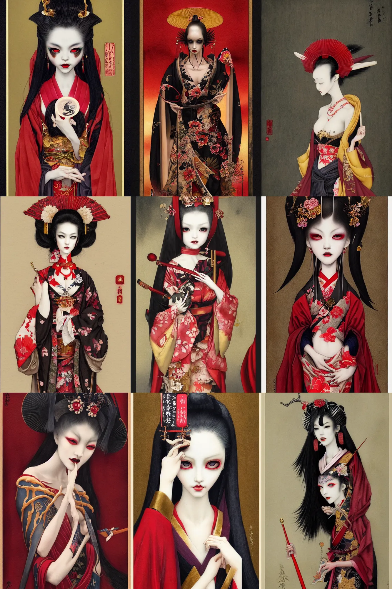 Prompt: watercolor painting of a japanese bjd geisha vampire with a long neck by tom bagshaw, ayami kojima, mark ryden in the style of thoth tarot card, dark - fantasy, red, gold black, artstation