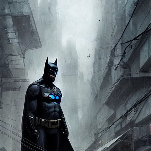 Image similar to Batman wearing techwear, high quality, digital art, dire cyberpunk city, gray sky, greg rutkowski