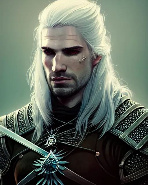 Prompt: male portrait, handsome, detailed white long hair, intricate assasin armor, the witcher, complex 3 d render by ilya kuvshinov, peter mohrbacher, greg rutkowski, ryohei hase, dramatic lighting, intricate, highly detailed, sharp focus, luminous, unreal engine, blender, artstation, masterpiece, ray tracing