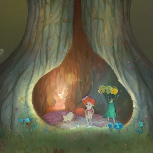 Prompt: a faerie and firefly couple living inside a hollow in a tree, masterpiece soft focus painting by kerascoet by marie pommepuy and sebastien cosset by studio ghibli, dynamic lighting