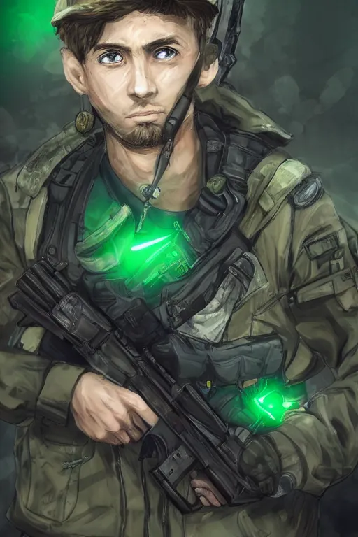 Image similar to a saboteur carrying multiple bombs and bullets in his body, green eyes, highly detailed, digital art, sharp focus, ambient glow, trending on art station, anime art style