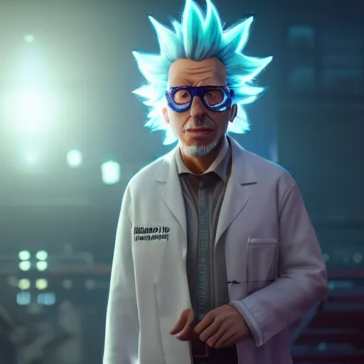 Image similar to portrait of rick sanchez, lab coat, lens flare, atmosphere, glow, detailed, intricate, full of colour, cinematic lighting, trending on artstation, 4 k, hyperrealistic, focused, extreme details, unreal engine 5, cinematic, masterpiece