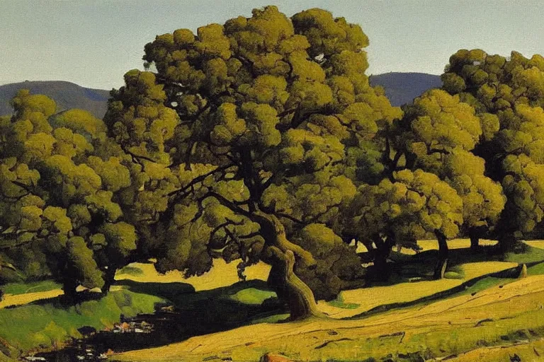 Image similar to masterpiece painting of oak trees on a hillside overlooking a creek, by harold gilman