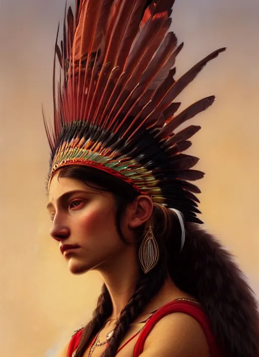 Image similar to gorgeous redskin woman wearing headdress, intricate, elegant, highly detailed, artstation, concept art, smooth, sharp focus, illustration, art by greg rutkowski and stefan kostic and bouguereau