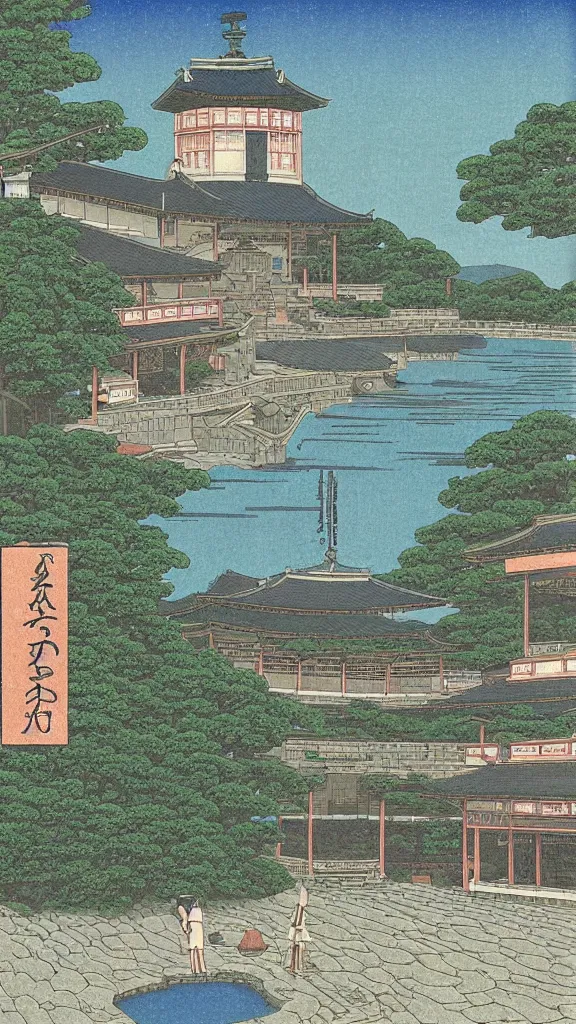 Image similar to a beautiful ancient bathhouse with a bathing alien creature in the summer by hasui kawase