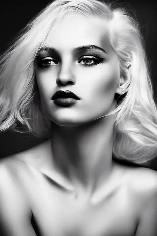 Prompt: stunning award - winning portrait by peter lindbergh of a beautiful young feminine blonde woman. close up black and white shot. vintage hollywood glamour. shiny glossy hair. dramatic high fashion makeup. canon 5 0 mm.