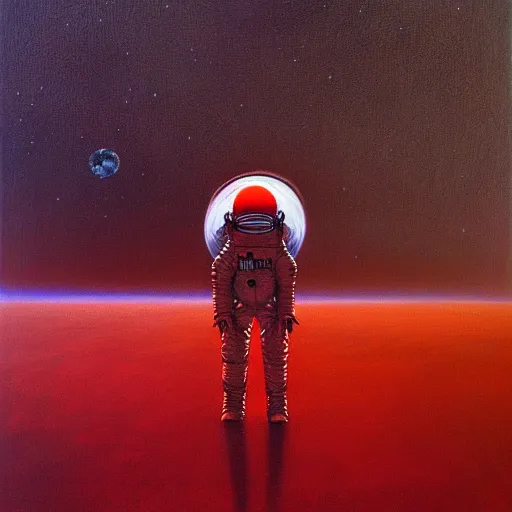 Image similar to long shot of among us red astronaut without arms, space ship in the background, amogus, art by zdzislav beksinski, high quality, dark hues, higly detailed, oil painting