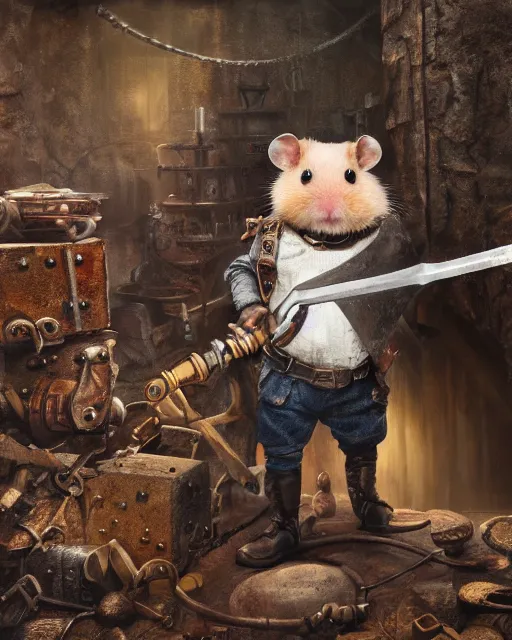 Prompt: oil painting of anthropomorphized hamster holding Pick Axe, steampunk clothes, close shot, full body, dark steampunk mine shaft background, sharp focus, fantasy style, octane render, volumetric lighting, 8k high definition, by greg rutkowski, highly detailed, trending on art Station, dungeons and dragons artwork, centered