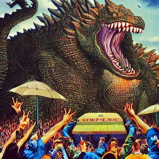 Image similar to beautiful lifelike painting of godzilla breakdancing at a rap concert, hyperreal detailed facial features and uv lighting, art by ed roth and basil wolverton