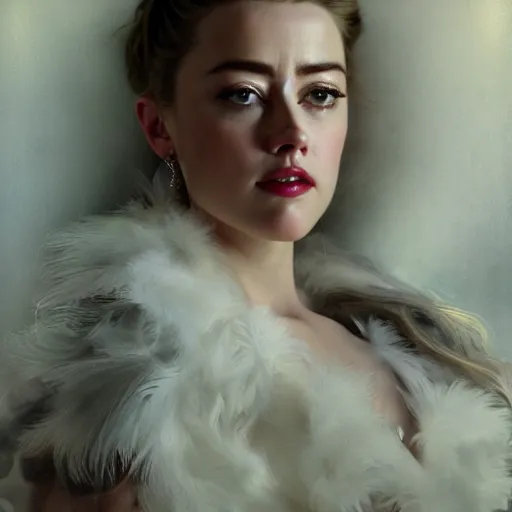 Prompt: hyperrealistic portrait of a woman as amber heard posing to noir moon in a white swan dress wearing sapphire jewellery with long feather collar by jeremy mann and alphonse mucha, fantasy art, photo realistic, dynamic lighting, artstation, poster, volumetric lighting, very detailed faces, 4 k, award winning