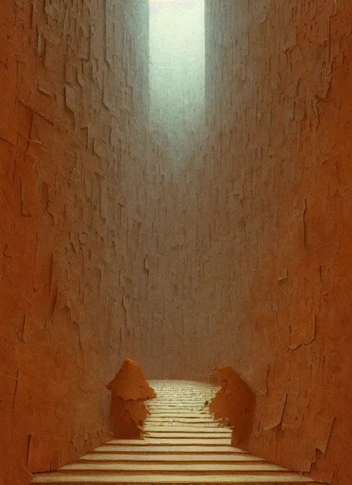 Image similar to crumbled paper bag paper cathedral inside paper bag crumbled Edward Hopper and James Gilleard, Zdzislaw Beksinski, highly detailed