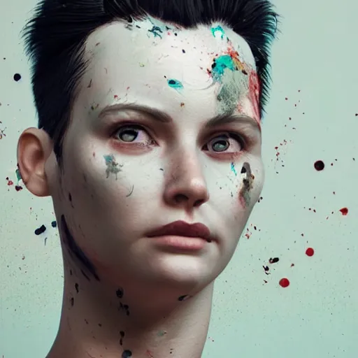 Image similar to women portrait made out of exploding paint, short hair, octane render, highly detailed, comic book art