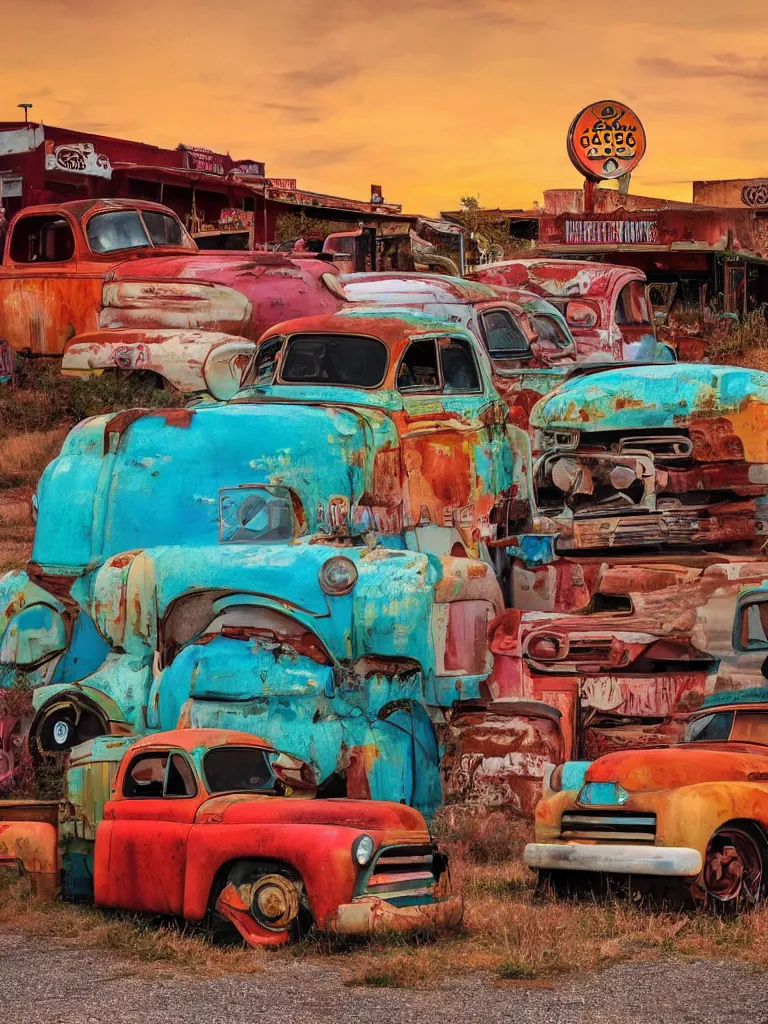 Prompt: A beautiful colorful evening scene of route66 with abandoned gas station and rusty old pickup truck :: hyper realistic