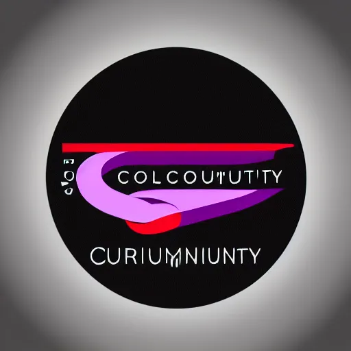 Image similar to minimalist logo for a community organization. curving black, red, and purple brushstrokes on a circular white background.