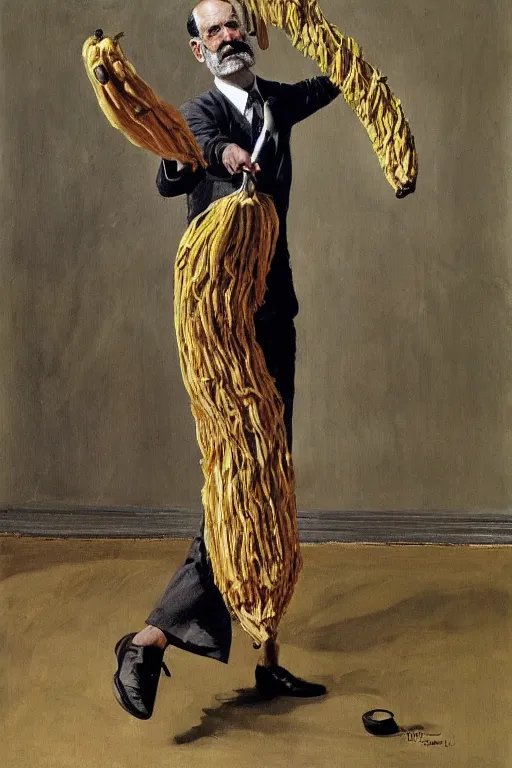 Image similar to portrait of sigmund freud wearing suit coat and tie and skirt made of bananas, doing the hula hoop, by frank mccarthy, by lucian freud