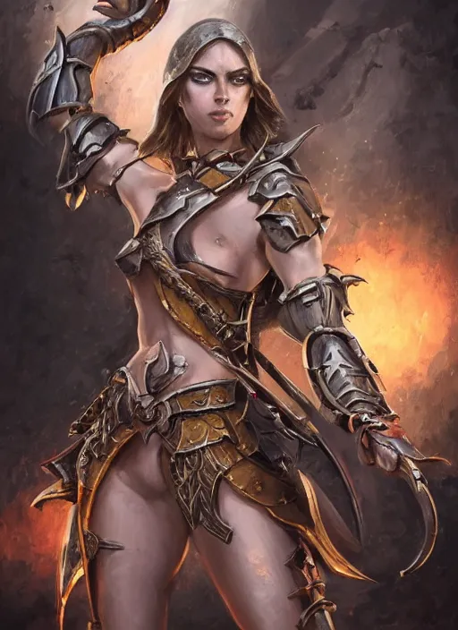 Image similar to a professionally painting of an attractive young girl, partially clothed in battle armor, olive skin, long dark hair, beautiful bone structure, perfectly proportioned, nubile body, symmetrical facial features, intricate, elegant, heroic pose, digital painting, concept art, smooth, sharp focus, finely detailed, beautifully framed, from the game Diablo, in the style of Artgerm and Greg Rutkowski and William-Adolphe Bouguerea