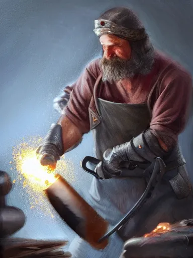 Image similar to a blacksmith striking a hammer in its anvil. working at his forge. intricate, elegant, highly detailed, digital painting, artstation, cinematic shot, concept art, sharp focus, illustration, by justin gerard and artgerm 8 k