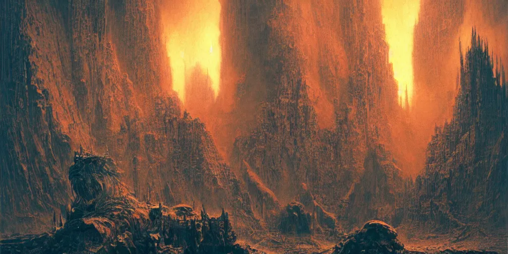 Prompt: balrog sitting in the throne of hell, surrounded by imps, ancient structures, babylon structures, wayne barlowe, beksinski, ruan jia, lord of the ring art, dark soul concept art