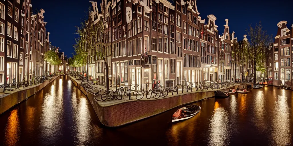 Image similar to realistic photo of Amsterdam ar night, leica, medium format, 8K, hyper realistic, very detailed,