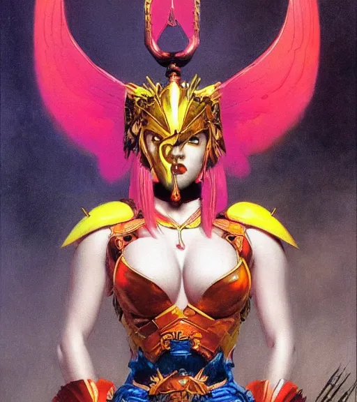 Image similar to portrait of strong korean female chaos angel, beautiful! coherent! by frank frazetta, by brom, strong line, vivid neon color, spiked scrap metal armor, iron helm maximalist