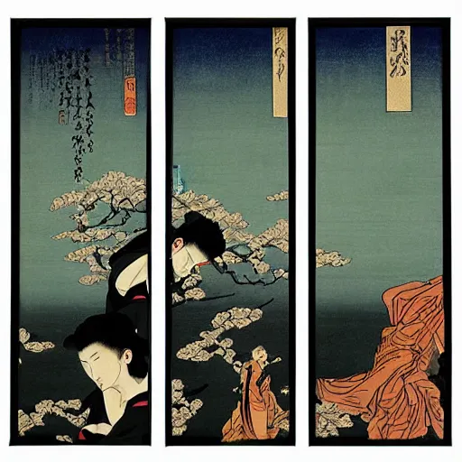 Image similar to fallen angels by wong kar - wai depicted in a hokusai inspired triptych painting