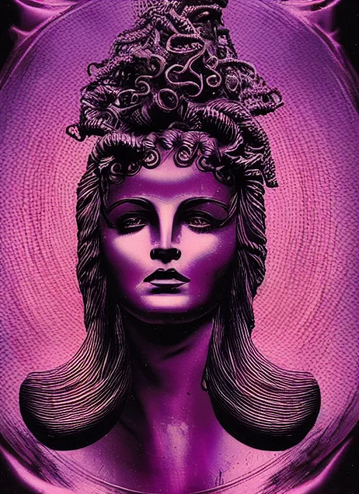 Image similar to dark design poster showing a statue of medusa, black background with very subtle red and purple design elements, powerful, ominous, nekro, guido crepax, thin straight lines, dark, glitch art, neo vaporwave, gritty, layout frame, square, trending on artstation