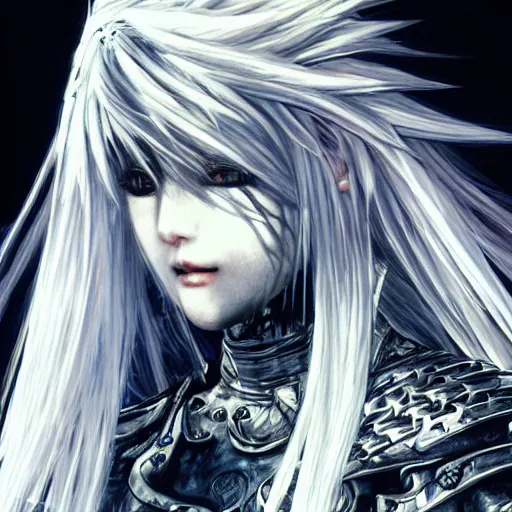 Image similar to Yoshitaka Amano realistic illustration of an anime girl with white hair and cracks on her face wearing dark souls armour with the cape fluttering in the wind, abstract black and white patterns on the background, noisy film grain effect, highly detailed, Renaissance oil painting, weird portrait angle