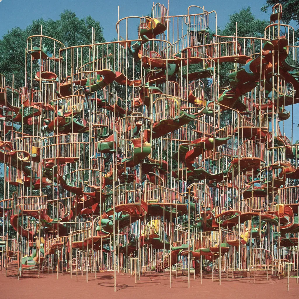 Image similar to full - color closeup 1 9 7 0 s photo of a vast incredibly - large complex very - dense tall many - level playground in a crowded schoolyard. the playground is made of brown wooden planks, black rubber tires, silver metal bars, and beige ropes. it has many spiral staircases, high bridges, ramps, balance beams, and metal tunnel - slides.