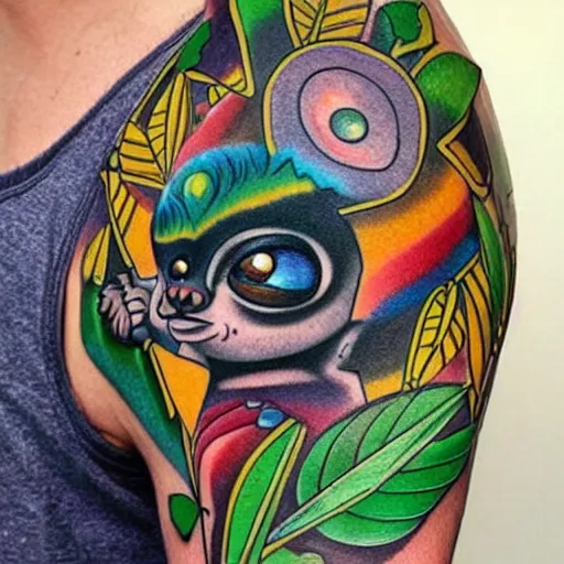 Prompt: shoulder tattoo of a multicolored spaced out cute bush baby, eyes are colorful spirals, surrounded with colorful magic mushrooms and marihuana leaves, insanely integrate