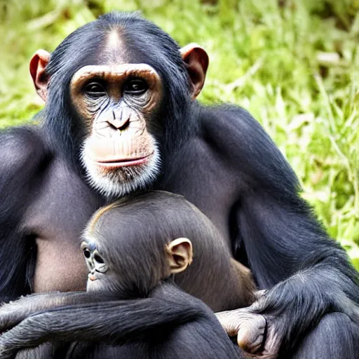 Image similar to chimpanzee grooming human, chimpanzee picking lice out of person's hair, photograph