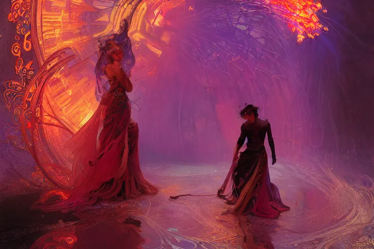 Prompt: she walks between arcs of purple flame intertwined with glowing sparks, glinting particles of ice, dramatic lighting, steampunk, bright neon, secret holographic cyphers, red flowers, solar flares, intricate art by alphonse mucha and greg rutkowski and ruan jia