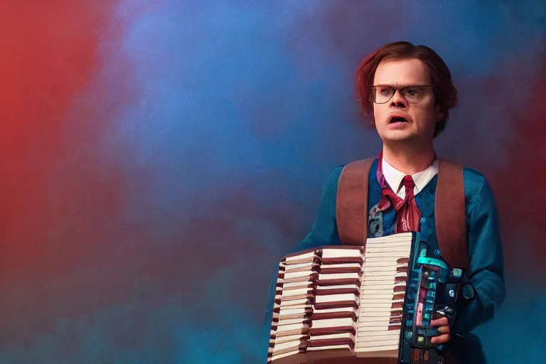 Prompt: dwight schrute playing the accordion, dramatic scene, heavy blue fog, red lightning, ultra wide angle, movie still, photorealistic, stranger things, netflix, upside - down, colorful lighting, grainy, aerial shot, shot from above, movie still, monsters in background holding back