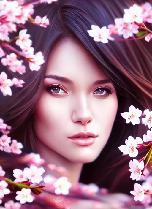 Prompt: photo of a gorgeous female in the style of stefan kostic, realistic, half body shot, sharp focus, 8 k high definition, insanely detailed, intricate, elegant, art by stanley lau and artgerm, extreme blur cherry blossoms background