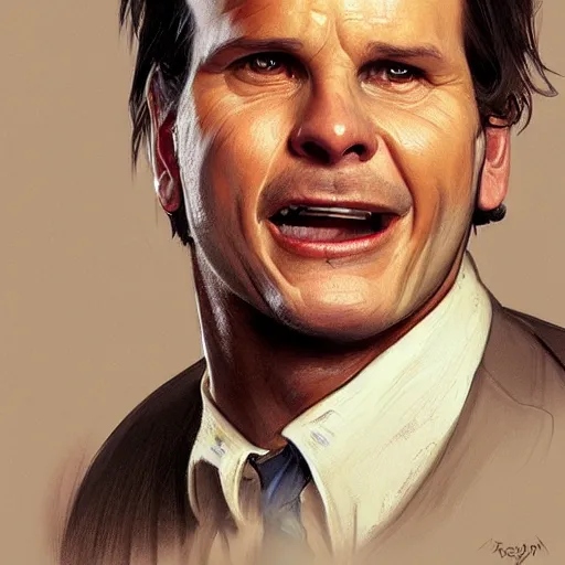 Image similar to portrait of Bill Paxton opening his mouth to eat pizza, highly detailed, digital painting, artstation, concept art, sharp focus, illustration, art by artgerm and greg rutkowski and alphonse mucha