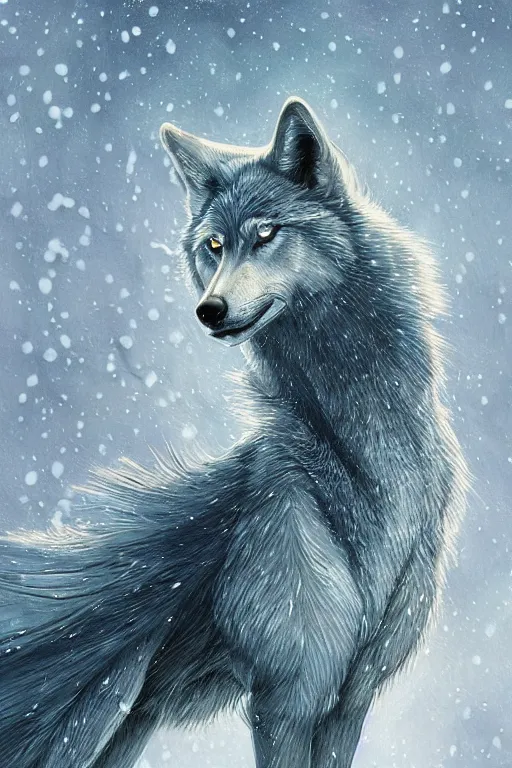 Prompt: blue wolf with wings, facing front, regal, elegant, winter, snow, beautiful, stunning, hd, illustration, epic, d & d, fantasy, intricate, elegant, highly detailed, digital painting, artstation, concept art, smooth, sharp focus, illustration, wallpaper, art by artgerm and greg rutkowski and alphonse mucha and jin xiaodi